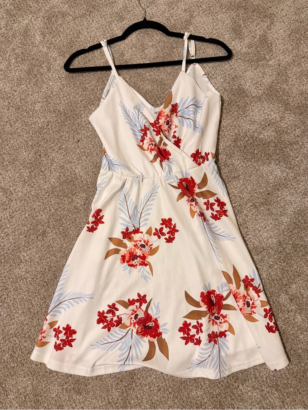 Floral Wrap-Front White Sundress with Red Bloom